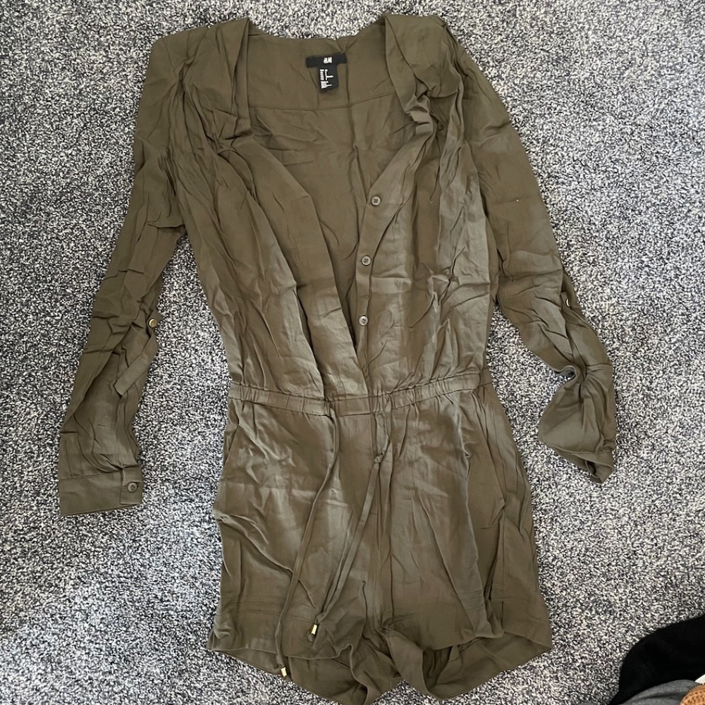 H AND M olive green long sleeve button down romper - Picture 2 of 4